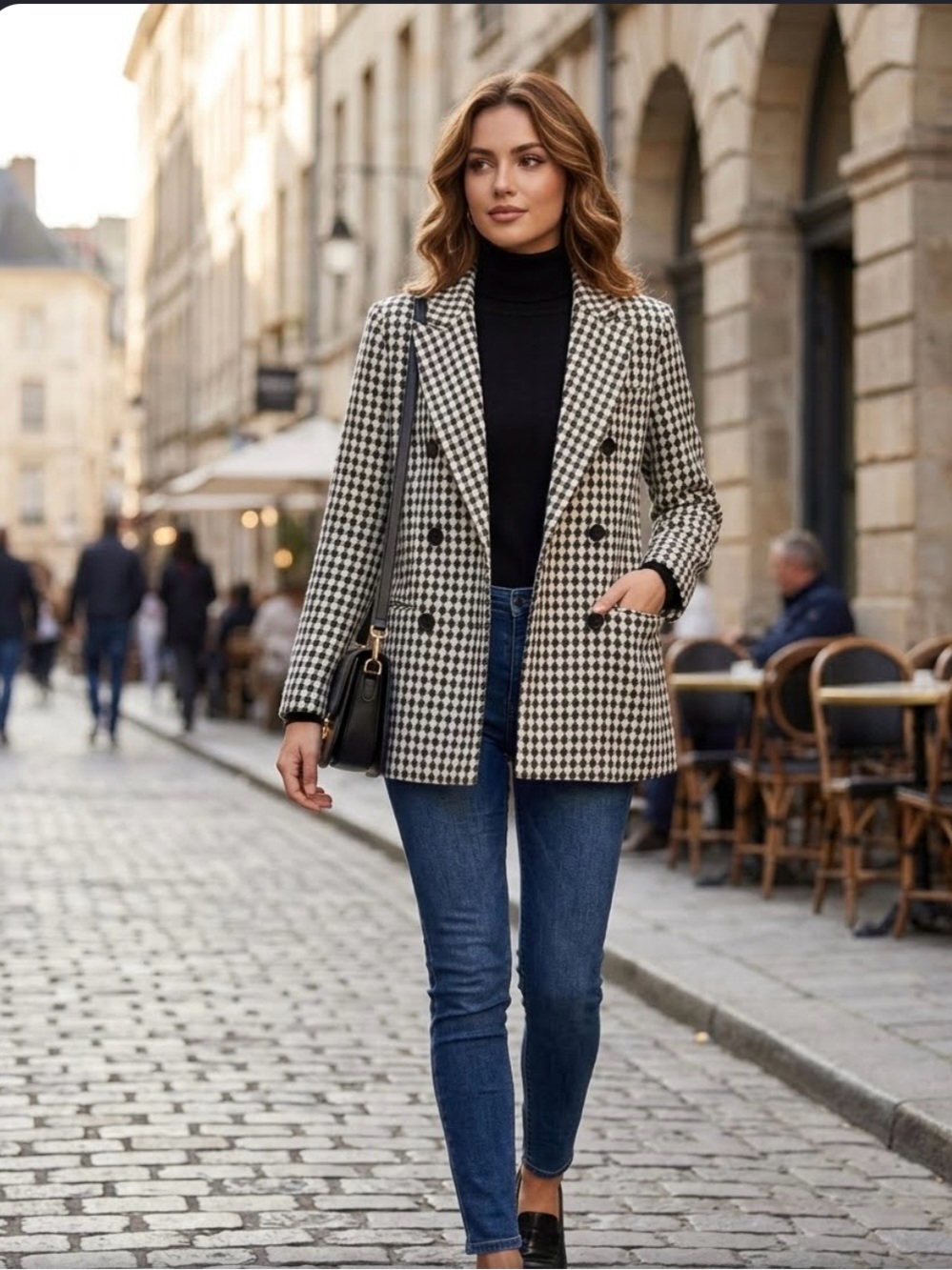 Double-Breasted Houndstooth Blazer Jacket - Black & White